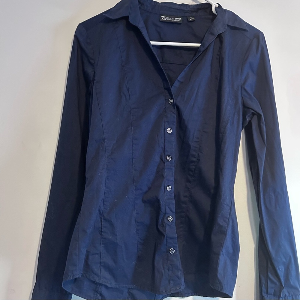 7th Avenue New York & Company Blue Fitted Long Sleeve Button Down